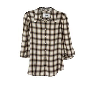PISTOLA Ariella Plaid Button Up Puff 3/4 Sleeve Shirt Large Defined Shoulder Tan
